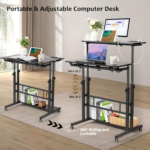 Hadulcet Stand Up Desk, Rolling Desk Adjustable Height, Mobile Standing Desk with Wheels & Charging Station, Portable Stand for Laptop, Rolling Computer Cart TV Tray, Small Standing Desk Drawing Table - Image 6
