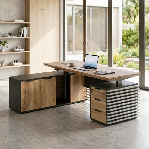 SAINTCY L Shaped Executive Standing Desk with Drawers, 78.74In Large Adjustable Heigh Desk with Power Outlet Hub,2.56" Thick Floating Desktop,for Home Office, Studio - Image 3