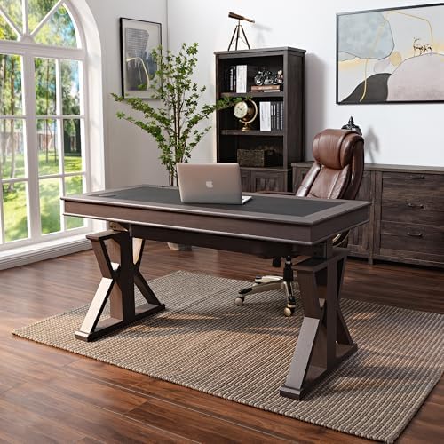 EUREKA ERGONOMIC Leather Standing Desk, 60 inch Executive Desk with Drawers,Modern Oak Grain X-Shaped Leg Sit Stand Desk, Charge Power Outlet Luxury Home Office Computer Desk by EUREKAERGONOMIC