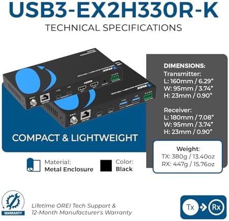 OREI USB Cat6 Extender, 2X Dual USB-C RS-232 Two-Way PoC Audio De-embedding - Image 5