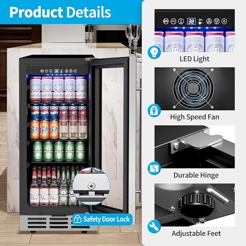 Feelfunn 15 Inch Beverage Refrigerator Under Counter,126 Cans,Silver - Image 7