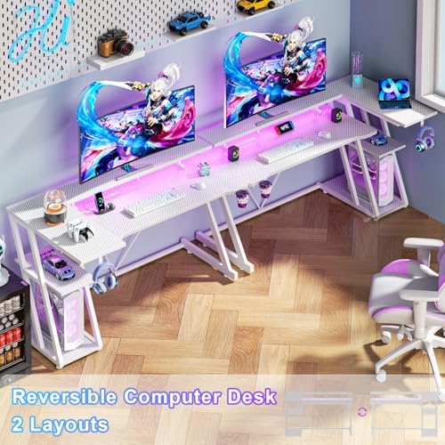 Korfile 55 Inch White Gaming Desk with Power Outlet & LED Lights, L Shaped Computer Desk Gaming with 3 Tiers Storage Shelves, Reversible Corner Desk with Monitor Stand for Bedroom - Image 3