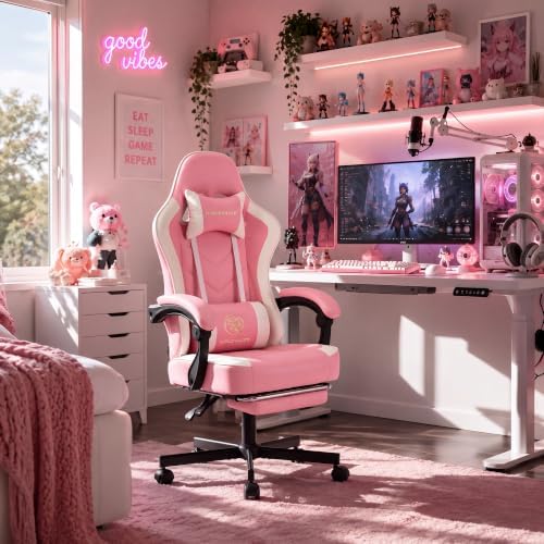Desk Computer Gaming Chair - High Back Ergonomic Office Chair with Footrest and Lumbar Support, Swivel Comfy Home Gamer Video Game Chairs with Pocket Spring Cushion for Adults (Pink Leather) - Image 2