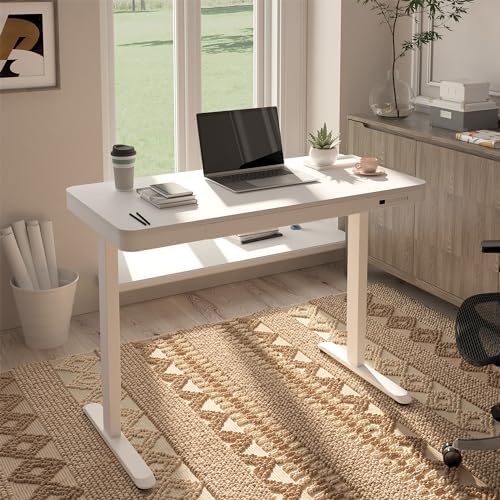 FLEXISPOT Comhar 48" Electric Standing Desk with Drawers, USB Charging Ports, Quick Assembly, Height Adjustable Sit Stand Computer Desk with Child Lock for Modern Minimalist Home Office, White - Image 2