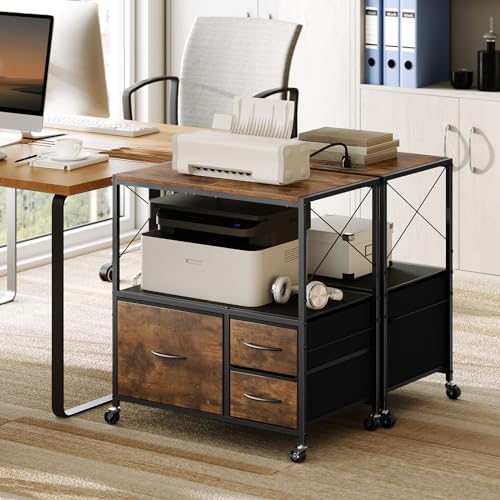 MAHANCRIS File Cabinet with Charging Station, 3 Drawer Lateral Filing Cabinet for Home Office, Mobile Printer Stand with Open Shelf, Fits A4/Letter Size File, Nonwovens Drawer, Rustic Brown FCHR98E01 - Image 2