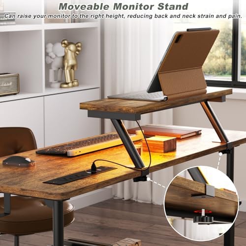 Height Adjustable Standing Desk with Power Outlets and LED Lights - 39" Manual Stand Up Desk with Monitor Stand and Storage Shelves Small Mobile Rolling Computer Desk Portable Laptop Table, Rustic - Image 7