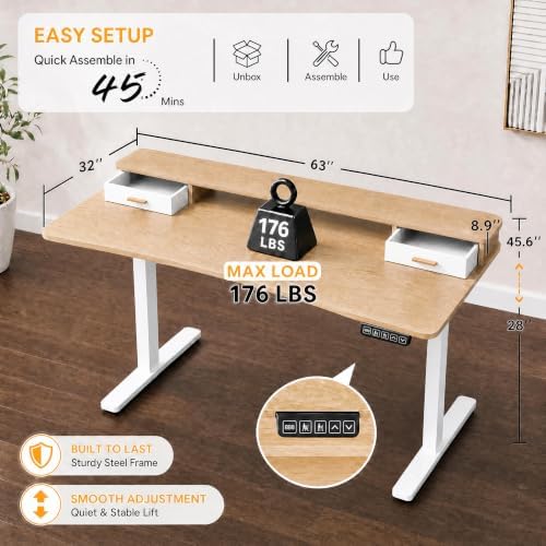 Grandder Electric Standing Desk with Two Drawers, CurvedSit to Stand Up Height Adjustable Desk with Storage Shelf for Home Office, 63 * 32 Inch, Study, Ergonomic Adjustable Computer Desk, Oak - Image 2
