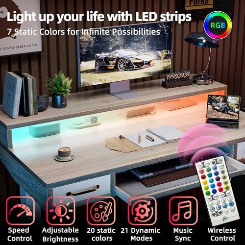 TIQLAB Standing Desk with Two Drawers, Stand Up Standing Desk Adjustable Height, Electric Sit Stand Table with Storage Shelf and Splice Board, with LED Light, 47 * 28 inch, Maple - Image 4
