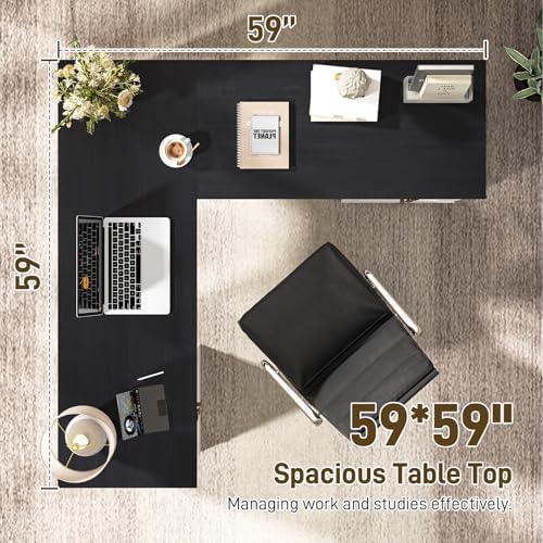 Vabches Farmhouse L Shaped Executive Desk with 6 Drawers, 59’’ Wood Home Office Desk with File Cabinet, Writing Corner Computer Desk for Home Office, Work, Study, White and Black - Image 2