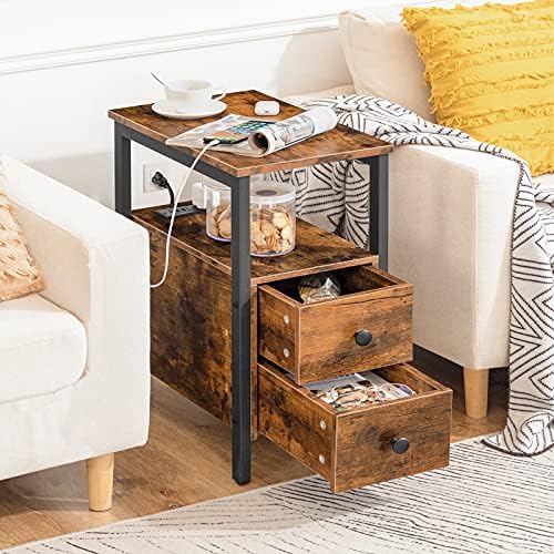 HOOBRO Set of 2 End Tables with Charging Station, Narrow Side Table with Drawers, Power Outlets, Nightstand for Small Spaces, Living Room, Stable and Sturdy, Rustic Brown and Black BF541BZP201 - Image 5