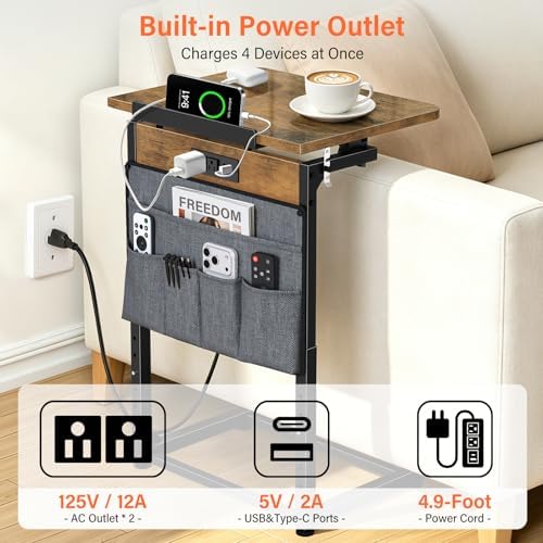 Small C Shaped End Table with Charging Station, Adjustable Height Sofa Side Table with Tilting Desktop, TV Tray Night stand with Storage Bag, Narrow Couch Table USB Ports Outlets Living Room Bedroom - Image 5