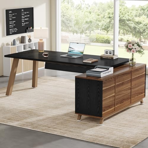 Tribesigns 78.7-Inch Executive Desk, L-Shaped Desk with 55-Inch Cabinet, Large Office Desk with Storage Shelves, Modern Computer Desk for Home Office, Black & Walnut - Image 6