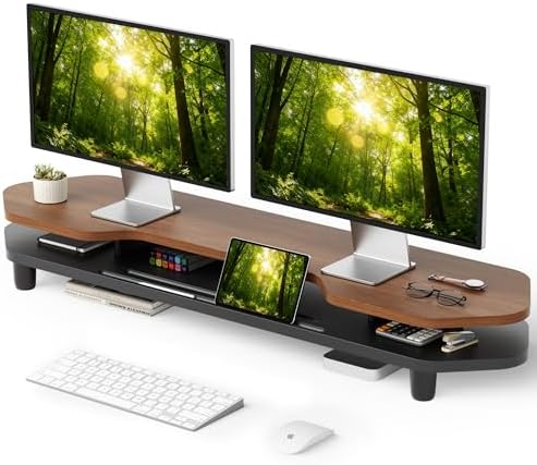 Dual Monitor Stand Riser, 39.4 Inch Large Monitor Stand with Storage Shelf, 2-Tier Desk Organizer for PC, Laptop, Printer | 2 Slots for Phone/Tablet, Computer Monitor Riser, Wood Desk Shelf for TV by AFOOYO