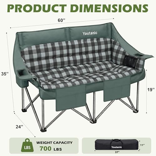 Youtanic 60" Extra Double Camping Chair for Adults, 700lbs Padded Loveseat - Image 2