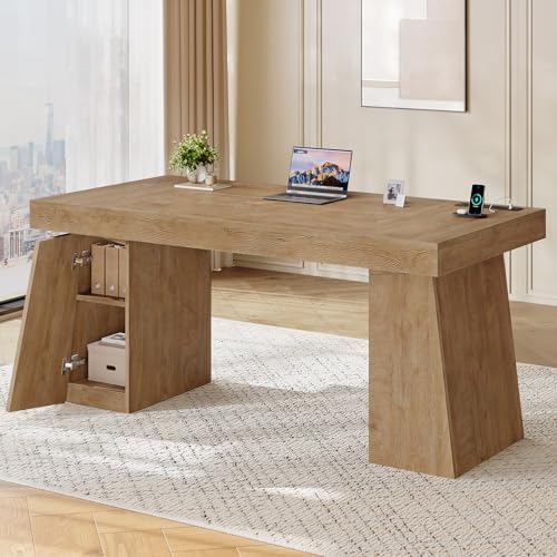 UPOSOJA 55.9 in Executive Desk with Power Outlets, Modern Home Office Desk with Storage Cabinet, Wood Computer Desk Business Workstation Desk Conference Table, Oak (Storage Cabinet) - Image 6