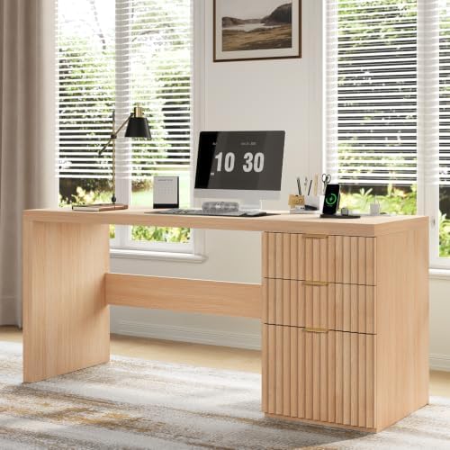 60" Fluted Executive Desk with Ample File Drawer & Large Charging Station, Wood Modern Home Office Desk with Storage, Computer Writing Desk for Work, Living Room, Bedroom, Durable & Sturdy, Natural by KNOWORLD