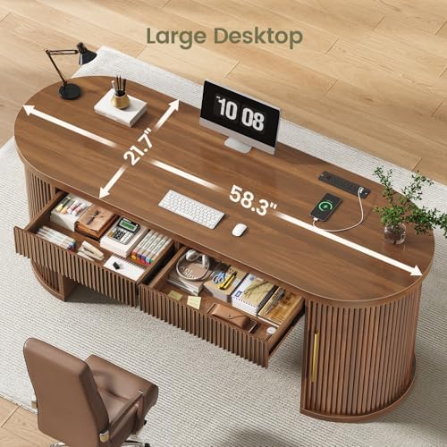 SEDETA 58.3" x 21.7" Fluted Office Executive Desk with 2 Drawers Storage - Image 6