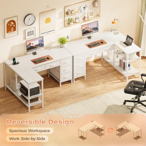 PRAISUN 47 Inch L Shaped Desk with Power Outlets, 5 Fabric Drawers - Image 6