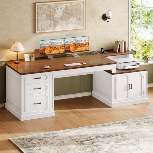 SEDETA Farmhouse 70.9" Executive Desk, Home Office Desk with File Drawers and Storage Cabinet, Computer Desk with Power Outlet for Home Office, Work Study Writing, White+Brown - Image 3