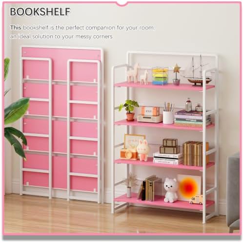 4NM No Assembly Extra Wide 4 Tier Folding Bookshelf Storage Shelves Vintage Bookcase Standing Racks Study Organizer Home Office - Image 3