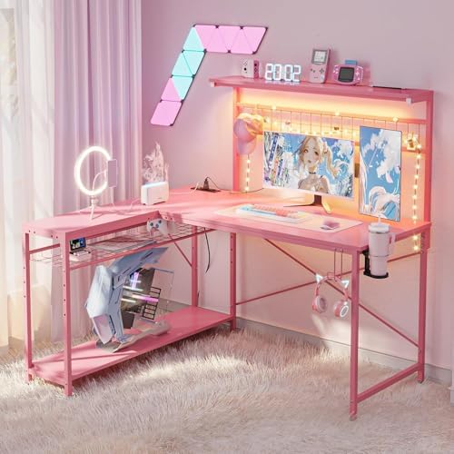 Bestier 51" L Gaming Desk with Power Outlets LED Lights, Carbon Fiber Pink - Image 3