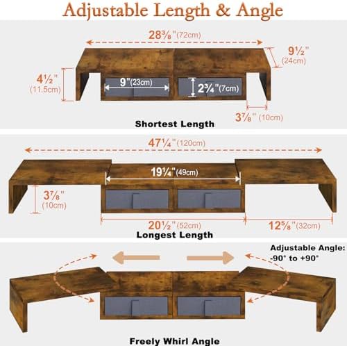TEAMIX Dual Monitor Stand Riser - Length and Angle Adjustable White Monitor Stand with 2 Drawers to Storage Large Computer Riser for 2 Monitors/Laptop/PC, Wood Screen/TV Stand Desk Organizer (Brown) - Image 4