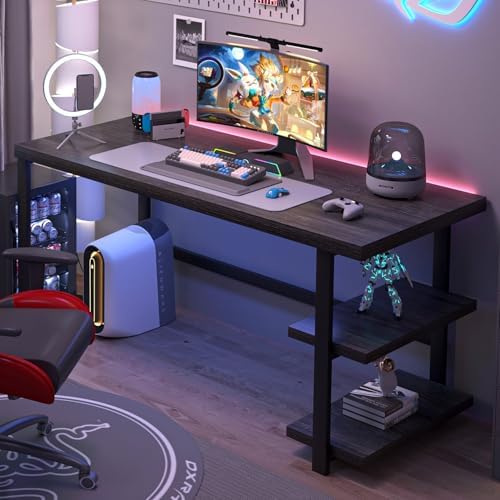FOLUBAN Home Office Desk, Modern Computer Desk with Storage Shelf, Wood Study Writing Gaming Table for Bedroom Living Room, Industrial Dark Gray, 53 Inch - Image 3