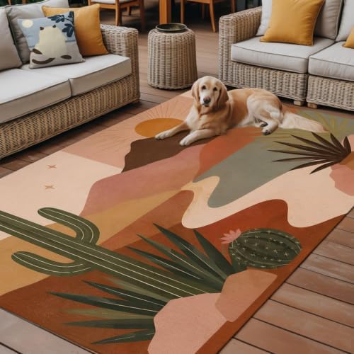 Boho Dessert 3x5 Waterproof Outdoor Rug with Non‑Slip Backing Rustic Southwest Radiant Sunburst Cactus Machine Washable Deck Patio Rug Mat for Camping, RV, Garden, Balcony Pool - Image 4