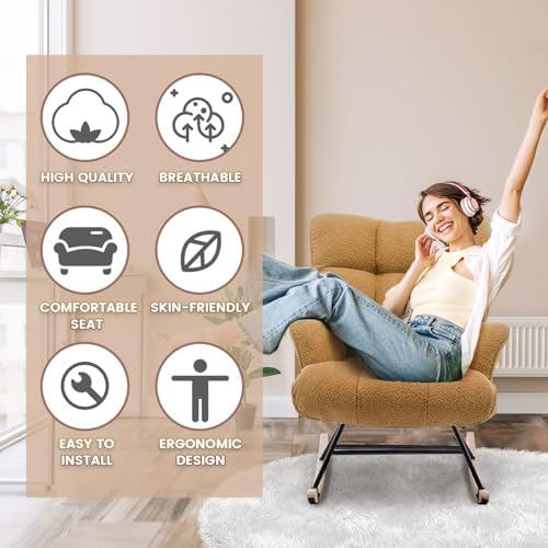 SAETSFEG Rocking Chair Nursery Teddy Upholstered Glider Rocker Rocking Accent Chair Padded Seat with High Backrest Armchair Comfy Side Chair for Living Room Bedroom Offices (Caramel Brown Teddy) - Image 4