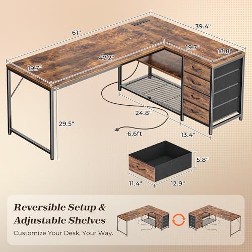 PRAISUN 61" L Shaped Desk with Power Outlets & 4 Drawers - Image 3