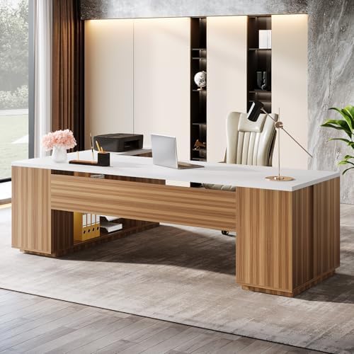 Tribesigns 85.8-Inch L-Shaped Executive Desk, White & Brown - Image 4