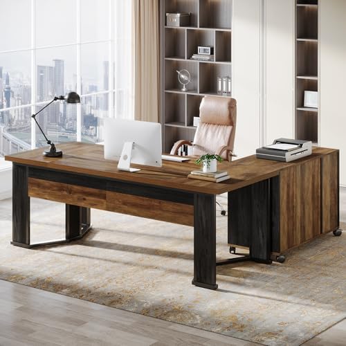 Tribesigns 70.86" Executive Desk with Mobile File Cabinet, Large L Shaped Computer Office Desk with 2 Drawers and Storage Shelves, Business Furniture Desk Workstation for Home Office (Rustic Brown) - Image 5