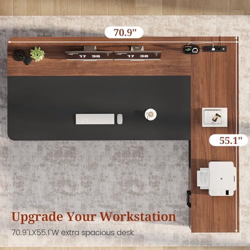 UPOSOJA 71" Executive Desk, Large Office Desk with Drawers & Storage Shelves, Modern L Shaped Computer Desk Corner Desk with Power Outlets, File Cabinet, Business Furniture Desk Workstation (Walnut) - Image 3