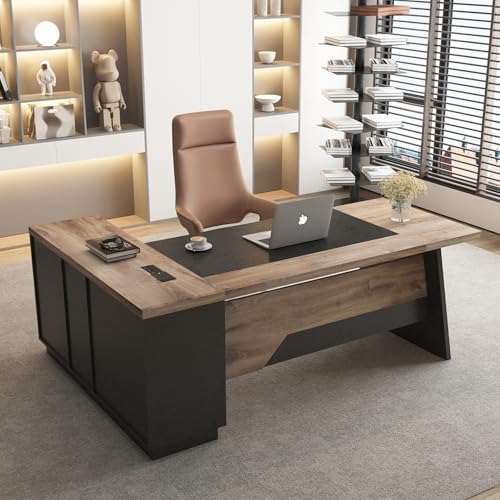 Office Desk with Drawers, 78.74 Inches L-Shape Executive Desk, Industrial Wood Desk with Storage Shelves, Modern Computer Desk for Home Office, Black and Wood, Right by GTBLACKTURNSTONE
