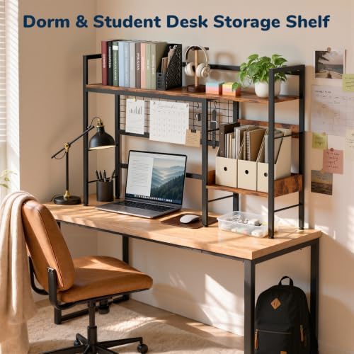 Desk Shelf, 44.9" Desk Hutch with Pegboard Hooks Set, Rustic Brown - Image 4