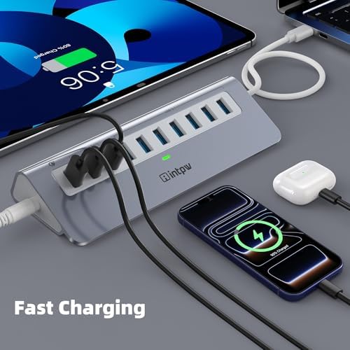 Powered USB Hub 10Gbps, 10 Port USB 3.2 Gen 2 Hub with 7 USB 3.2 Data Ports, 3 Fast Charging Ports, 36W Power Adapter, Type A and Type C Cable, Aluminum USB Hub for Laptop, Mac, PC - Image 4