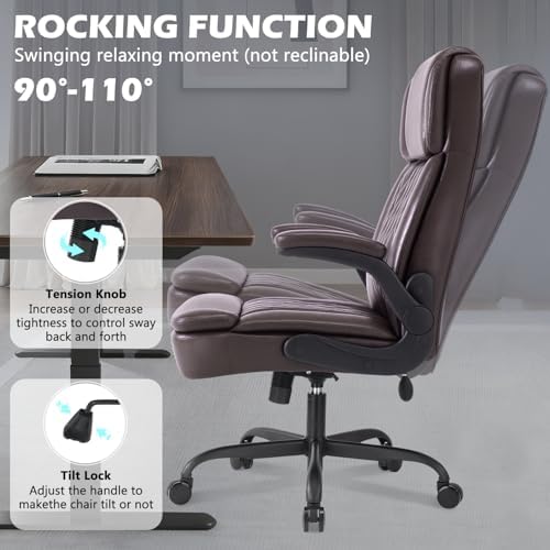 450LBS Big and Tall Executive Office Chair with Flip up Arm,Heavy Duty PU Leather Computer Desk Chair,Comfortable High Back Swivel Home Office Chair with Rolling for Adults,Spring Cushion,Metal Base - Image 6