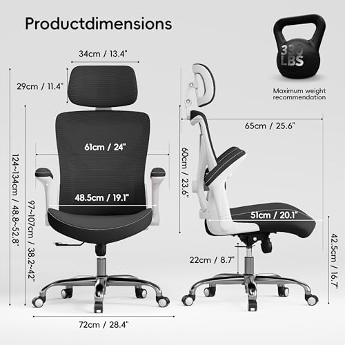 TRALT Office Chair - Ergonomic Office Chair with Adjustable Lumbar Support Headrest Office Desk Chair - Gaming Chair in X-Shape Office Chair - Desk Chair Computer Chair 150 kg White / Black - Image 2