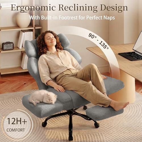 Office Chair with Flip Armrests,Comfy Criss Cross Chair for Pets Sitting,Big and Tall Office Chair with Foot Rest,Extra Wide Seat & Lumbar Pillow,Ergonomic Computer Gaming Chair,Teddy Fleece,Grey - Image 6