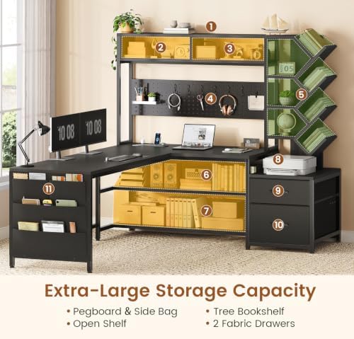 SEDETA L Shaped Gaming Desk with Hutch, Convertible 97.6" Two Person Office Desk with Drawers and Bookshelf, Corner Computer Desk with Power Outlet, LED Lights, Black - Image 5