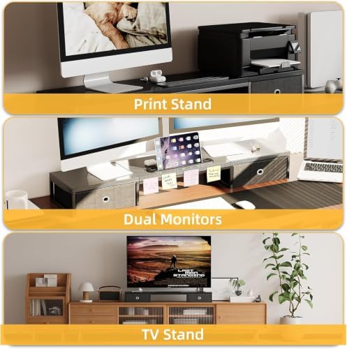 Mexin 39" Dual Monitor Stand Riser with 2 Storage Drawers, Carbon Fiber Computer Desk Organizer for 2 Monitors, Heavy Duty 100 Lbs Desktop Stand with Phone Tablet Holder for Home Office, Black - Image 5