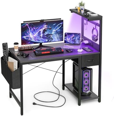 Grandder Gaming Desk 47 Inch with Power Outlet and LED Light, Computer Desk with Reversible Shelves and Storage Drawer, Pc Small Desk for Home Office Table with Bag, Carbon Fiber Black by Grandder