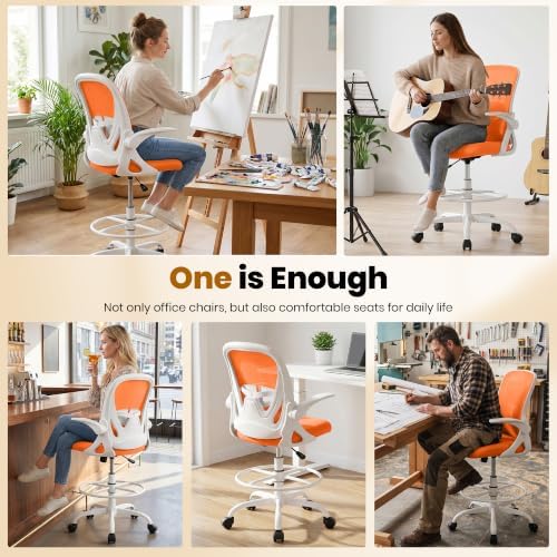 Primy Drafting Chair Tall Office Chair with Flip-up Armrests Executive Ergonomic Computer Standing Desk Chair with Lumbar Support and Adjustable Footrest Ring (Sunset Orange) - Image 4