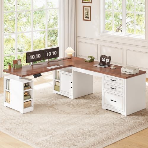 SEDETA Farmhouse L Shaped Standing Desk with Storage for Home Office, White - Image 3