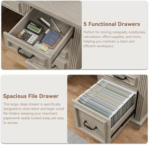 Farmhouse L Shaped Executive Desk with 4 Drawers, Home Office Desk with Hidden Under-Desk Storage Shelf and Charging Station, File Cabinet Storage, Wood Corner Computer Desk for Work and Study(Grey) - Image 6