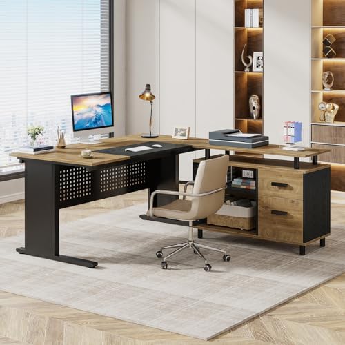 Tribesigns 63 Inch Executive Desk with File Cabinet, Large Office Desk L Shaped Computer Desk with Drawers and Storage Shelves, Business Furniture Desk for Home Office, Wood Color and Black - Image 4
