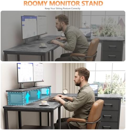Korfile 59 inch L Shaped Computer Desk with Power Outlets, Home Office Desk with 4 Adjustable Storage Drawers & 2 Monitor Stands, Two Person Gaming Table for Bedroom, Grey - Image 7