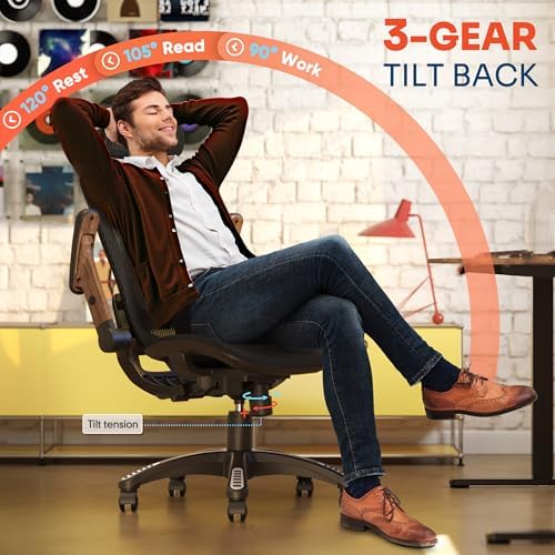 GABRYLLY Ergonomic Office Chair, High Back Home Desk Chair with 2D Flip-Up Arms, 3D Headrest, 90-120° Tilt and Wide Cushion, Big and Tall Mesh Chairs for Man Woman, Computer Task Chair Dark Wood Grain - Image 6