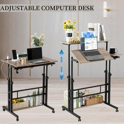Hadulcet Rolling Stand Up Desk Adjustable Height - Portable Standing Desk with Wheels & Charging Station, Mobile Laptop Desk Small Standing Desk Drawing Table, Grey - Image 6