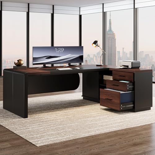 Tribesigns 81'' L-Shaped Executive Desk, Large Modern Office Desk with Drawers and File Cabinet for Home or Business Workspace, Computer Desk with Storage Shelves, Walnut & Black - Image 6